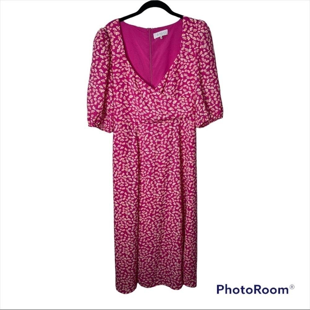 WAYF x Anthropologie Pink Daisy Puff Sleeve Midi Dress L | Spring Wedding Guest - Picture 10 of 13